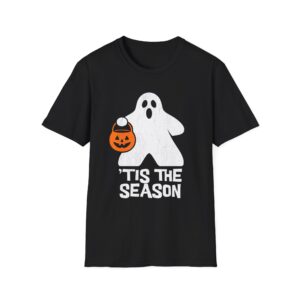 ghost meeple t shirt for halloween party, game night shirt for spooky season, halloween tee for board game lover, trick or treat gamer shirt